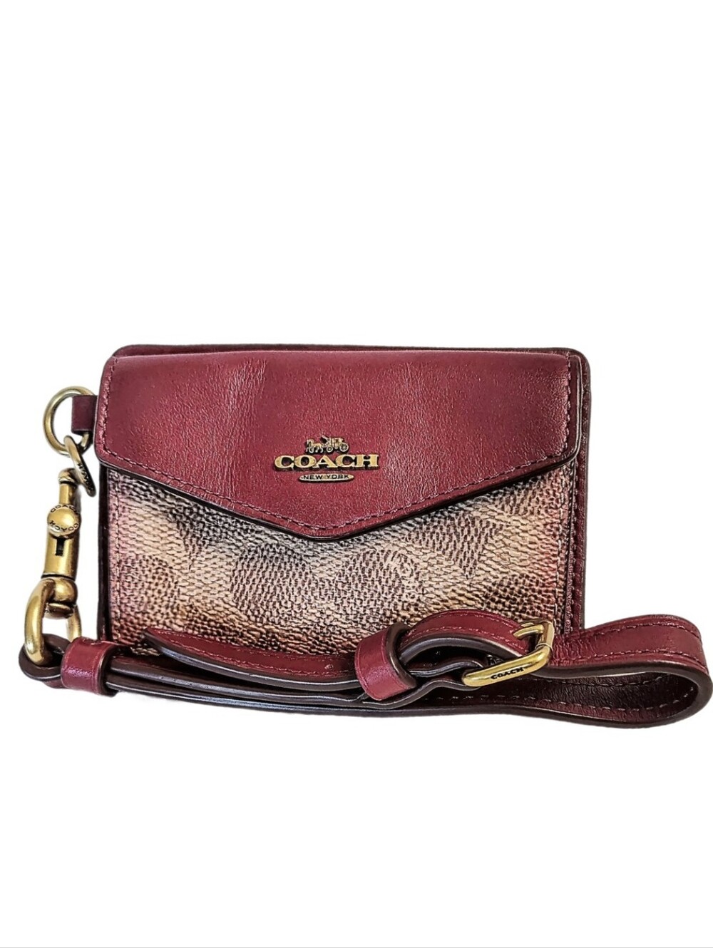 🆕 Coach Burgundy Tan Signature Skinny Mini ID Card Case & Keychain Key Fob Set